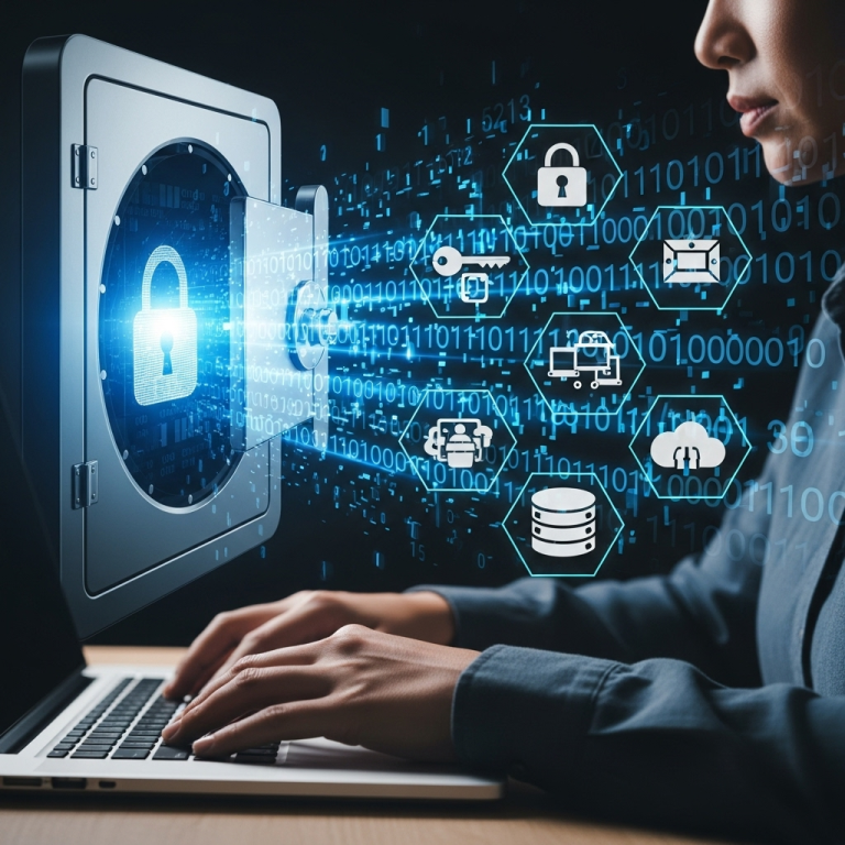 person holding a small laptop in front of a larger laptop